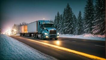 AI generated Truck driving on snowy road at night photo