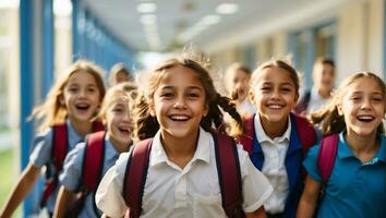 AI generated Happy schoolchildren running along the corridor photo