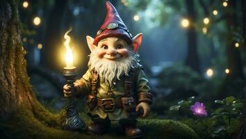 AI generated Cute funny cartoon gnome with a flashlight in the forest photo