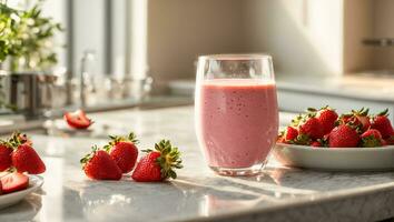 AI generated Milk smoothie with strawberries in the kitchen photo