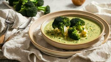 AI generated Appetizing cream of broccoli soup on the table photo