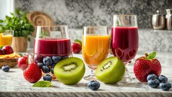 AI generated Fresh juice from various fruits and berries photo
