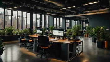 AI generated Empty office with flowerpots photo