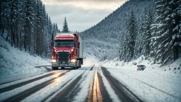 AI generated Truck driving along a snowy road during the day photo