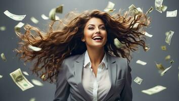 AI generated Happy beautiful girl falling dollars photo