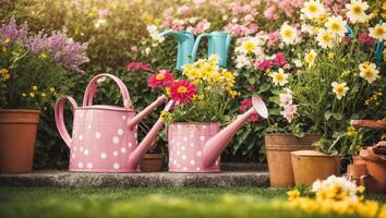 AI generated Colored watering can with flowers in the summer garden photo