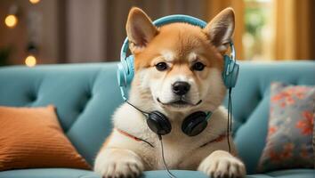 AI generated cute Akita Inu dog wearing headphones in the room photo