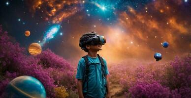 AI generated Little boy in virtual reality glasses photo