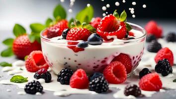 ai generado Fresco bayas fresas, arándanos, frambuesas yogur foto