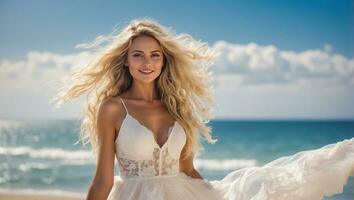 AI generated Beautiful girl in a white dress against the background of the sea photo