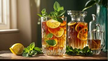AI generated Cold tea with lemon and mint on the table in glass photo