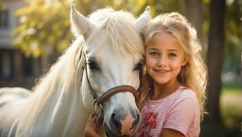 ai generado retrato de un pequeño niña con un caballo en naturaleza foto