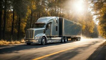 AI generated Truck driving down the road in summer photo