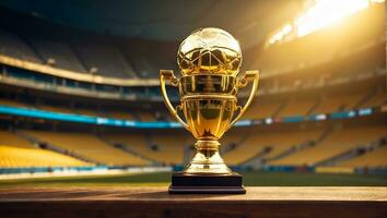 AI generated football championship gold cup at the stadium photo