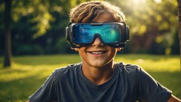 AI generated Boy in virtual reality glasses on the streets in summer photo