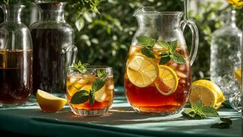 AI generated Cold tea with lemon and mint on the table in glass photo