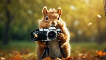 AI generated Cute friendly squirrel with a camera in the park photo