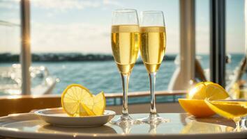 AI generated Glasses of champagne against the background of the sea photo