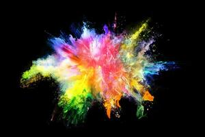 abstract colored dust explosion on a black background.abstract powder splatted background,Freeze motion of color powder exploding and throwing color powder, multicolored glitter texture. photo