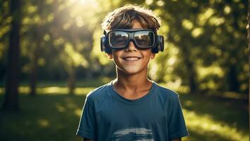 AI generated Boy in virtual reality glasses on the streets in summer photo