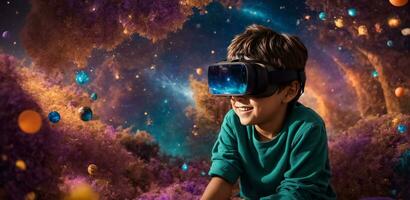 AI generated Little boy in virtual reality glasses photo