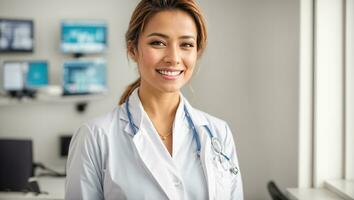 AI generated Beautiful smiling woman doctor in clinic photo