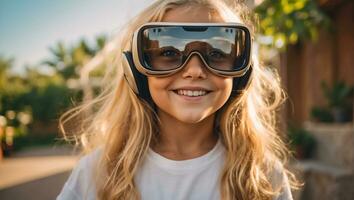 AI generated Girl in virtual reality glasses on the streets in summer photo