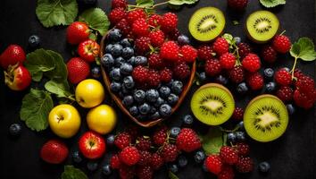 AI generated various fruits and berries on a dark background photo