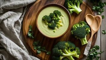 AI generated Appetizing cream of broccoli soup on the table photo