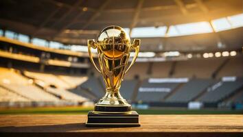 AI generated football championship gold cup at the stadium photo