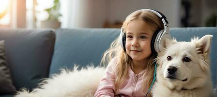 AI generated little girl in headphones with a dog in the room photo