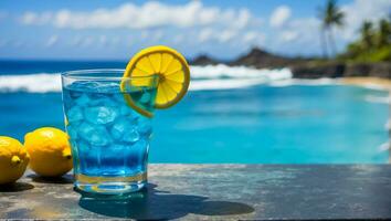 AI generated Blue cocktail in a beautiful glass, lemon, day against the sea photo