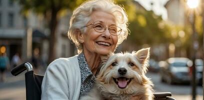 ai generado mayor mujer en un silla de ruedas con un perro fuera de en el parque foto