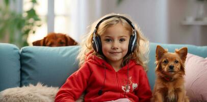 AI generated little girl in headphones with a dog in the room photo