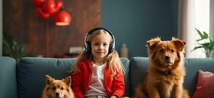 ai generado pequeño niña en auriculares con un perro en el habitación foto