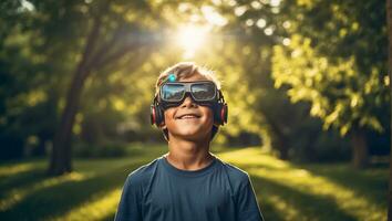 AI generated Boy in virtual reality glasses on the streets in summer photo