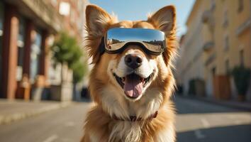 AI generated Cute dog wearing virtual reality glasses on the street photo