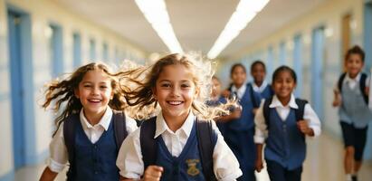 ai generado contento Niños de escuela corriendo a lo largo el corredor foto