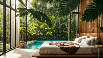 ai generado dormitorio con piscina, tropical plantas foto