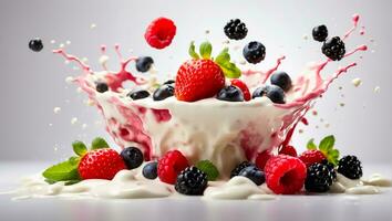 ai generado Fresco bayas fresas, arándanos, frambuesas yogur foto