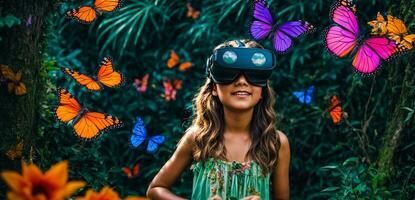 AI generated Little girl wearing virtual reality glasses in the forest, butterflies photo