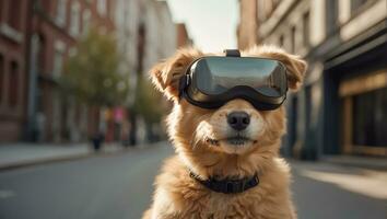 AI generated Cute dog wearing virtual reality glasses on the street photo