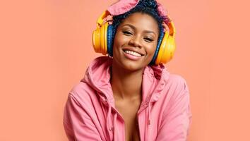 AI generated Beautiful happy African American girl listening to music on headphones on color background photo