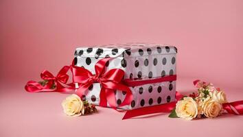 AI generated Gift box with bow and flowers photo