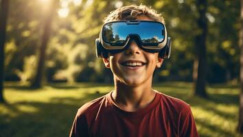 AI generated Boy in virtual reality glasses on the streets in summer photo