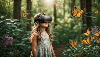 AI generated Little girl wearing virtual reality glasses in the forest, butterflies photo