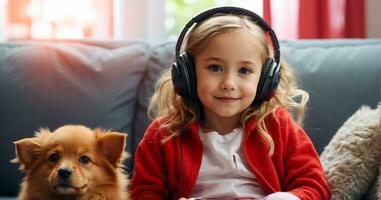 ai generado pequeño niña en auriculares con un perro en el habitación foto