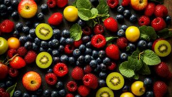 AI generated various fruits and berries on a dark background photo