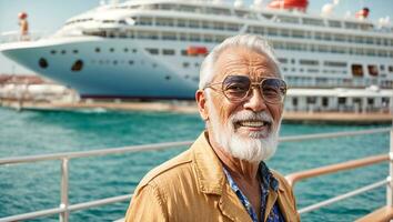 AI generated Happy elderly man on the background of a yacht photo