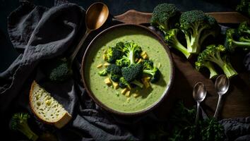 AI generated Appetizing cream of broccoli soup on the table photo